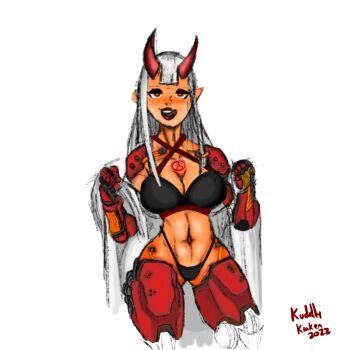 black_bra black_panties bra breasts cyborg day_of_wrath day_of_wrath_(doom_fanfic) demon demon_girl demon_horns doom_(series) evil_eyes evil_smile highres horns kuddly_kraken large_breasts lingerie mechabare muscular muscular_female non-web_source panties red_eyes seductive_smile smile underwear undressing white_hair zoe_thompson
