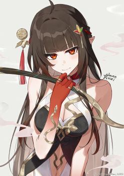 1girl ahoge auui bare_shoulders breasts brown_hair chinese_clothes cleavage closed_mouth commentary dated diamond-shaped_pupils diamond_(shape) grey_background hair_ornament highres holding honkai:_star_rail honkai_(series) lingsha_(honkai:_star_rail) long_hair looking_at_viewer medium_breasts orange_eyes pointy_ears sidelocks signature smile solo symbol-only_commentary symbol-shaped_pupils upper_body