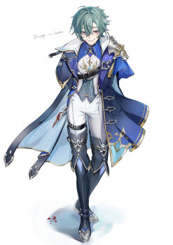 Rule 34 | 1boy, absurdres, ahoge, armor, arms behind back, artist name, black boots, black choker, black coat, blood, blood drip, blood on face, bloody weapon, blue cape, blue coat, blue shirt, blue vest, boots, buttons, cape, choker, closed mouth, coat, collared shirt, crossed bangs, dagger, dripping, earrings, genshin impact, gold trim, grey hair, hair between eyes, hair intakes, highres, holding, holding behind back, holding dagger, holding knife, holding weapon, holding weapon behind back, jewelry, knife, lapels, leaning forward, lohen (genshin impact), long sleeves, looking at viewer, male focus, mole, mole under eye, multicolored eyes, open clothes, open coat, pants, pauldrons, red eyes, shirt, short hair, shoulder armor, simple background, single earring, single pauldron, smile, smirk, solo, standing, tassel, thigh boots, thigh strap, twitter username, unagi to kame, vest, weapon, white background, white pants, white shirt, wing collar