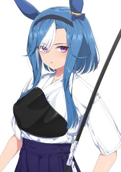Rule 34 | 1girl, absurdres, admire groove (umamusume), animal ears, archery, black hairband, blue hair, blush, bow (weapon), commentary request, hairband, highres, horse ears, horse girl, japanese clothes, long hair, mole, mole under mouth, multicolored hair, nerukichikatafukuma, parted lips, purple eyes, simple background, solo, streaked hair, umamusume, weapon, white background, white hair