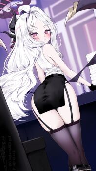 Rule 34 | 1girl, ahoge, ass, black garter straps, black horns, black thighhighs, blue archive, blush, clothing cutout, commentary, demon girl, demon horns, demon wings, dutch angle, feet out of frame, forehead, from behind, garter straps, halo, hina (blue archive), hip vent, horns, indoors, kneepits, long hair, looking at viewer, looking back, low wings, multiple horns, no panties, parted bangs, pencil skirt, red eyes, shirt, shirubaa, skindentation, skirt, sleeveless, sleeveless shirt, solo, standing, thighhighs, thighs, white hair, wings