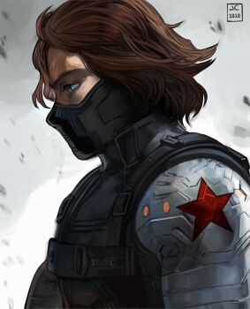 1boy black_mask body_armor brown_hair bucky_barnes bulletproof_vest captain_america:_the_winter_soldier captain_america_(series) from_side male_focus marvel mask mechanical_arms mouth_mask overlord_jc profile prosthesis prosthetic_arm short_hair single_mechanical_arm star_(symbol) upper_body winter_soldier
