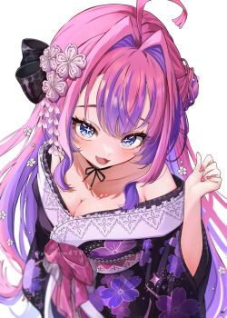1girl ahoge black_bow black_kimono blue_eyes bow breasts cleavage commentary_request floral_print flower hair_bow hair_flower hair_ornament highres hololive hololive_dev_is japanese_clothes kikirara_vivi kikirara_vivi_(new_year) kimono long_hair medium_breasts multicolored_hair official_alternate_costume open_mouth pecco_(pecco297) pink_hair purple_streaks smile solo streaked_hair very_long_hair virtual_youtuber