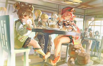 2others 3boys 6+girls absurdres aether_(genshin_impact) ahoge architecture bamboo_steamer bell black_gloves blonde_hair blunt_bangs boo_tao_(genshin_impact) bow-shaped_hair bowl braid braided_hair_rings breasts brother_and_sister brown_hair chair chinese_clothes cleavage closed_eyes closed_mouth commentary_request crop_top cup east_asian_architecture eating facial_mark floating food forehead_mark genshin_impact ghost gloves green_hair guoba_(genshin_impact) hair_bell hair_between_eyes hair_ornament hair_rings halo hat highres holding holding_bowl holding_cup holding_napkin holding_spoon holding_tray horns hu_tao_(genshin_impact) indoors long_hair long_sleeves lumine_(genshin_impact) medium_breasts multiple_boys multiple_girls multiple_others on_chair open_mouth orange_eyes paimon_(genshin_impact) pink_hair red_hat red_panda restaurant robizou_(robizou285) romper scarf shirt shoes short_hair short_hair_with_long_locks siblings sitting smile spoon steamed_bun sunlight table tray white_hair white_romper window wooden_floor xiangling_(genshin_impact) xiao_(genshin_impact) xiezhi_guan yanfei_(genshin_impact) yaoyao_(genshin_impact) yellow_eyes zhongli_(genshin_impact)