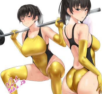 1girl amagami ass barbell bare_shoulders black_eyes black_hair black_one-piece_swimsuit blush breasts closed_mouth commentary_request commission competition_swimsuit covered_navel dated elbow_gloves exercising gloves highleg highleg_one-piece_swimsuit highres holding holding_towel large_breasts looking_at_viewer multiple_views one-piece_swimsuit parted_lips pixiv_commission ponytail revision short_hair signature simple_background squatting steaming_body sweat swimsuit teeth thighhighs towel tsukahara_hibiki turning_head two-tone_swimsuit weightlifting white_background wiping_sweat yellow_gloves yellow_one-piece_swimsuit yellow_thighhighs yoo_tenchi