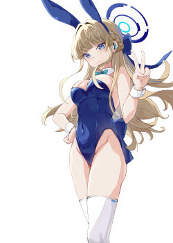 Rule 34 | 1girl, absurdres, animal ear hairband, animal ears, aqua bow, aqua bowtie, back bow, blonde hair, blue archive, blue eyes, blue halo, blue leotard, bow, bowtie, braid, breasts, chinese commentary, commentary, covered navel, detached collar, fake animal ears, feet out of frame, hair ribbon, hairband, half up braid, halo, hand on own hip, highleg, highleg leotard, highres, leotard, lingding, long hair, multicolored hair, official alternate costume, playboy bunny, rabbit ear hairband, rabbit ears, rabbit tail, ribbon, simple background, smile, solo, strapless, strapless leotard, streaked hair, tail, thighhighs, toki (blue archive), toki (bunny) (blue archive), v, white background, white thighhighs, wrist cuffs