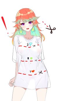 ! 1girl artist_name barefoot breasts colored_inner_hair covered_erect_nipples cut-here_line dadangge earrings feather_earrings feathers full_body gradient_hair green_hair highres hololive hololive_english jewelry large_breasts like_and_retweet long_hair looking_at_viewer multicolored_hair open_mouth orange_hair oversized_clothes oversized_shirt purple_eyes see-through_clothes see-through_shirt shirt solo standing takanashi_kiara twitter_cutting_game twitter_strip_game virtual_youtuber white_shirt