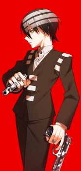Rule 34 | 1boy, absurdres, black hair, commentary request, cowboy shot, death the kid, formal clothes, from side, gun, highres, holding, holding gun, holding weapon, jewelry, looking at viewer, male focus, multicolored hair, parted lips, piyo main, red background, ring, short hair, solo, soul eater, suit, weapon, white hair, yellow eyes