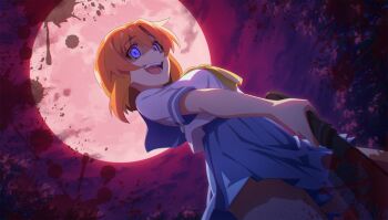 1girl between_breasts blood bloody_weapon blue_eyes blue_skin breasts colored_skin crazy crazy_smile female_focus highres higurashi_no_naku_koro_ni machete medium_breasts miniskirt moon necktie necktie_between_breasts open_mouth orange_hair pleated_skirt red_moon red_sky ryuuguu_rena school_uniform serafuku short_hair short_sleeves skirt sky smile solo solo_focus teeth thighs tongue weapon white_serafuku yellow_necktie