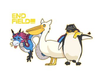 animalization arknights arknights:_endfield bird black_mask blue_eyes chen_qianyu_(arknights) commentary_request copyright_name dragon dragon_horns eastern_dragon eastern_dragon_horns endministrator_(arknights) female_endministrator_(arknights) highres horns no_humans pelican penguin perlica_(arknights) simple_background tongue tongue_out white_background yuec