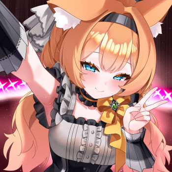 1girl absurdres animal_ear_fluff animal_ears armpits black_headband blue_archive blue_eyes breasts cat_ears choker frilled_choker frills grey_feathers hair_between_eyes headband highres idol_clothes long_hair looking_at_viewer low_twintails mari_(blue_archive) mari_(idol)_(blue_archive) medium_breasts official_alternate_costume orange_hair outstretched_arm qiye_jiexian reaching reaching_towards_viewer smile solo twintails v very_long_hair wrist_wrap