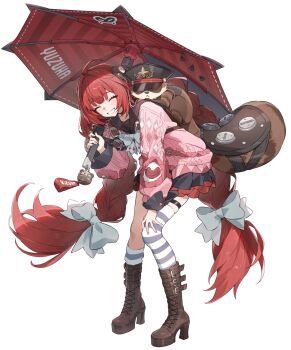 1girl ahoge animal_ears animal_on_back bent_over black_sailor_collar black_skirt blush boots bow bowtie braid braided_twintails breasts brown_boots cardigan chest_bow closed_eyes full_body grin hair_ornament hand_on_own_knee high_heel_boots high_heels highres holding holding_umbrella kamanosuke_(zenless_zone_zero) long_hair low_twin_braids open_mouth pink_cardigan pkgllllllv pleated_skirt red_hair red_umbrella sailor_collar simple_background single_sock single_thighhigh skirt smile socks solo striped_clothes striped_socks striped_thighhighs thigh_strap thighhighs twin_braids twintails ukinami_yuzuha umbrella very_long_hair white_background white_bow white_bowtie zenless_zone_zero