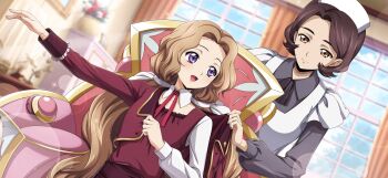 2girls apron brown_eyes brown_hair closed_mouth code_geass code_geass:_lost_stories f4samurai highres long_hair maid maid_apron maid_headdress multiple_girls nunnally_vi_britannia official_art open_mouth purple_eyes shinozaki_sayoko short_hair white_apron