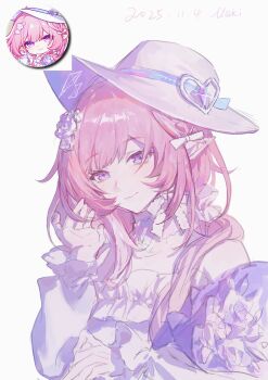 1girl absurdres cyrene_(honkai:_star_rail) cyrene_(ripples_of_past_reverie)_(honkai:_star_rail) dress hat highres honkai:_star_rail honkai_(series) long_hair looking_at_viewer multicolored_hair official_alternate_costume pink_hair pointy_ears purple_eyes reference_inset simple_background smile solo two-tone_hair upper_body white_background white_dress white_hair white_hat yibanluguojuanjuanzi