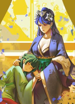 Rule 34 | absurdres, blue hair, breasts, cleavage, earrings, green robe, hair ornament, hand on another's shoulder, highres, jewelry, kusuriya no hitorigoto, lap pillow, lihua (kusuriya no hitorigoto), maomao (kusuriya no hitorigoto), notgustiarp, petals, ponytail, purple robe, robe, sleeping, tassel, tassel earrings, yellow background