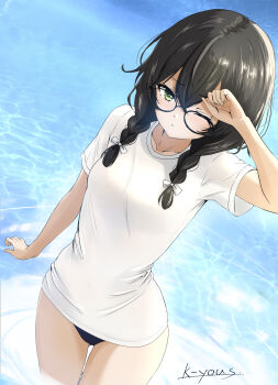1girl arm_at_side artist_name bikini bikini_bottom_only black-framed_eyewear black_bikini black_hair bow braid braided_twintails closed_mouth commentary_request crew_neck double-parted_bangs from_above glasses green_eyes hair_between_eyes hair_bow hair_over_shoulder hanakuma_chifuyu hand_up highres k-yous long_hair looking_at_viewer looking_up no_pants ocean one_eye_closed round_eyewear shirt short_sleeves signature solo swimsuit synthesizer_v t-shirt variant_set wading water white_bow white_shirt