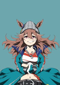 1girl animal_ears beanie belt black_belt black_gloves blue_jacket breasts brown_hair commentary_request crossed_arms dice dice_necklace ears_through_headwear fingerless_gloves gloves grey_hat grin hair_between_eyes hat highres horse_ears horse_girl jacket jewelry lollipop_in_mouth long_hair long_sleeves midriff nakayama_festa_(shichuukyuukatsu)_(umamusume) nakayama_festa_(umamusume) navel necklace open_mouth purple_eyes shirt simple_background smile solo teeth umamusume upper_body white_shirt zukki_(bijitaru)