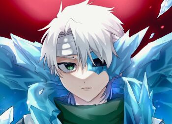Rule 34 | 1046sstep btoh, 1boy, bankai, bleach, bleach: sennen kessen-hen, commentary request, daiguren hyourinmaru (bankai), expressionless, green eyes, green scarf, headband, highres, hitsugaya toushirou, hollow hole, hollowfication, ice, ice wings, lips, looking at viewer, male focus, portrait, red background, scarf, short hair, solo, straight-on, upper body, white hair, white headband, wings