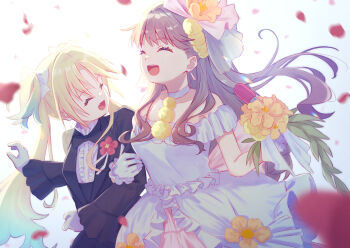 2girls birthday black_suit black_vs_white blonde_hair bride brown_hair closed_eyes collarbone commentary dress earrings fang female_focus formal_clothes fujishima_megumi gloves groom highres jewelry link!_like!_love_live! long_hair love_live! macken666 mira-cra_park! multiple_girls osawa_rurino petals suit twintails two_side_up upper_body wedding wedding_dress white_dress white_gloves wife_and_wife yuri