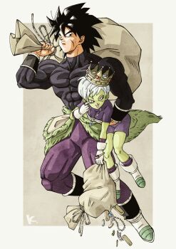 1boy 1girl akanbe bag bead_necklace beads black_eyes black_hair boots breasts broly_(dragon_ball_super) carrying carrying_under_arm cheelai colored_skin commentary_request covered_abs crown dragon_ball dragon_ball_super dragon_ball_super_broly eyelid_pull facial_scar frown gold green_skin highres holding holding_bag jewelry kakeru_(dbskakeru) medium_breasts monkey muscular muscular_male necklace pants robbery scar scar_on_cheek scar_on_face shirt short_hair signature size_difference smile sweatdrop tight_clothes tight_pants tight_shirt tongue tongue_out torn_bag white_footwear white_hair