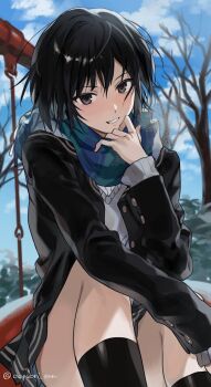 1girl adjusting_scarf amagami bare_tree black_eyes black_hair black_jacket black_sailor_collar black_socks blazer blue_scarf clenched_teeth commentary_request commission day feet_out_of_frame grey_skirt grey_sweater highres jacket kibito_high_school_uniform light_smile long_sleeves looking_at_viewer miniskirt nanasaki_ai nori_(oonori_san) outdoors plaid_clothes plaid_scarf pleated_skirt sailor_collar scarf school_uniform short_hair sitting skeb_commission skirt socks solo sweater swing_set teeth tree twitter_username winter_uniform