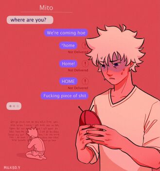 1girl 2boys apologizing child distress english_text gon_freecss highres holding holding_phone hunter_x_hunter killua_zoldyck kneeling male_focus mito_freecss multiple_boys nyallukaa phone profanity red_background shirt short_hair simple_background spiked_hair sweat text_messaging white_hair white_shirt