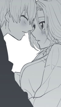 1boy 1girl after_kiss bleach breasts closed_eyes commentary_request greyscale hetero ichimaru_gin large_breasts matsumoto_rangiku monochrome nanao_itsuki parted_lips saliva saliva_trail