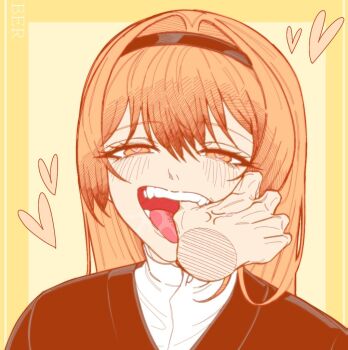 1girl 1other alternate_hairstyle anger_vein ber_0228 black_hairband black_shirt blush brown_eyes brown_hair buttons commentary disembodied_hand english_commentary genderswap genderswap_(mtf) hair_between_eyes hairband hand_in_another's_mouth heart heart-shaped_pupils jujutsu_kaisen long_hair looking_at_viewer open_mouth saliva shirt simple_background smile solo_focus symbol-shaped_pupils teeth tongue tongue_out white_shirt yellow_background zen'in_naoya