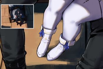 1boy 1girl 2na_(blue2na) absurdres black_pants boots commentary english_commentary from_above game_screenshot_inset highres leg_focus male_rover_(wuthering_waves) pants pantyhose phoebe_(wuthering_waves) rover_(wuthering_waves) sitting sitting_on_lap sitting_on_person tacet_mark_(wuthering_waves) white_boots white_pantyhose wuthering_waves