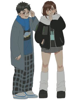 1boy 1girl adjusting_eyewear alien_print alternate_costume ayase_momo black_hair black_jacket black_shoes blue_scarf blue_shirt blush brown_eyes brown_hair coat crossed_bangs dandadan earrings full_body glasses grey_coat hair_between_eyes hand_in_pocket highres jacket jewelry loose_socks medium_hair miniskirt open_mouth pants parted_bangs parted_lips plaid_clothes plaid_pants plaid_skirt print_shirt round_eyewear scarf shirt shoes short_hair skirt smile sneakers socks standing stud_earrings takakura_ken_(dandadan) wasadi white_background white_scarf white_shoes white_socks