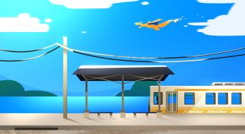 Rule 34 | absurdres, bench, blue sky, bus, bus stop shelter, charizard, commentary, day, english commentary, gen 1 pokemon, highres, himochuu, motor vehicle, nintendo, no humans, outdoors, pokemon, pokemon (creature), power lines, road, scenery, sidewalk, sky, utility pole