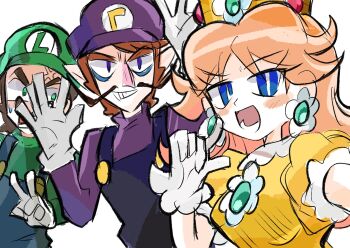 1girl 2boys anger_vein black_overalls blue_eyes blue_overalls brown_hair commentary crown dress earrings facial_hair flower_earrings gloves green_hat green_shirt hat highres jewelry long_hair luigi mario_(series) multiple_boys mustache nintendo orange_dress overalls princess_daisy purple_hat purple_shirt rakugaki_shitagari-ya shirt sketch symbol-only_commentary waluigi white_background white_gloves