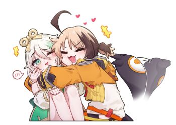 2girls absurdres ahoge brown_hair cecilia_immergreen cecilia_immergreen_(1st_costume) commentary cropped_jacket cropped_legs cropped_torso doll_joints dress english_commentary gigi_murin gigi_murin_(1st_costume) gradient_hair green_dress green_eyes green_hair happy highres hololive hololive_english hug jacket joints key knees_up miaoema multicolored_hair multiple_girls one_eye_closed open_mouth orange_jacket shirt short_twintails simple_background smile spoken_blush streaked_hair tail tail_wagging twintails virtual_youtuber white_background white_shirt winding_key