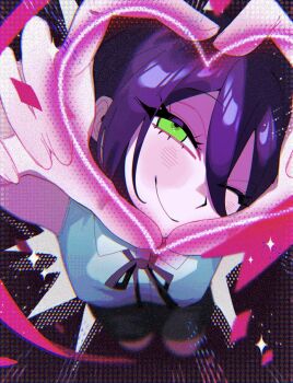 Rule 34 | 1girl, blush, chainsaw man, dress shirt, from above, green eyes, happy, head tilt, heart, heart hands, highres, kuzyaku, one eye closed, purple hair, reze (chainsaw man), ribbon, shirt, shorts, sleeveless, sleeveless shirt, smile, thighhighs, zettai ryouiki