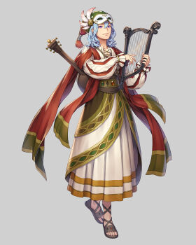 Rule 34 | 1boy, aqua hair, artist request, asgard, bard (asgard), belt, brown sandals, closed mouth, collared shirt, cross-laced clothes, cross-laced legwear, cross-laced top, feathers, full body, gem, gladiator sandals, gold belt, green gemstone, green hat, grey background, hair between eyes, hat, highres, holding, holding instrument, holding lyre, instrument, long skirt, looking at viewer, lute (instrument), lyre, male focus, mask, mask on head, masquerade mask, medium hair, nexon, official art, poet shirt, puff and slash sleeves, puffy sleeves, red gemstone, sandals, sarong, second-party source, shirt, skirt, smile, solo, stole, tassel, toenails, toes, walking, white feathers, white mask, white sarong, white shirt, white skirt, white sleeves, wing collar