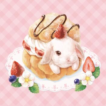 animal animal_focus blueberry brown_eyes chocolate_syrup commentary cream_puff doily flower food food_focus fruit furansowan gingham_background highres in_food leaf no_humans original powdered_sugar rabbit realistic solo strawberry strawberry_slice sweets whiskers white_flower