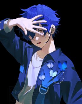 1boy arm_up atikiotaku black_background blue_butterfly bug butterfly collared_shirt commentary ensemble_stars! headset insect jewelry male_focus necklace one_eye_covered open_mouth orange_eyes outstretched_hand sazanami_jun shirt short_hair simple_background solo teeth three-quarter_sleeves upper_body watermark white_shirt