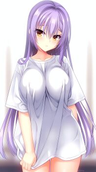 Rule 34 | 1girl, alternate costume, arm behind back, blurry, blurry background, blush, boyfriend's shirt, breasts, closed mouth, commentary request, cowboy shot, eyes visible through hair, furrowed brow, hair between eyes, hair down, hair over shoulder, highres, irori (irorixc), large breasts, limelight lemonade jam, long hair, looking at viewer, oversized clothes, oversized shirt, paid reward available, purple hair, saen nayuka, shirt, shirt tug, short sleeves, sidelocks, signature, simple background, solo, straight hair, very long hair, white background, wide sleeves, yellow eyes