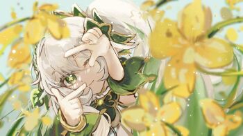 1girl ;) alt_text blue_sky chinese_commentary commentary_request finger_frame flower genshin_impact green_eyes green_sleeves hair_ornament highres leaf_hair_ornament long_hair looking_at_viewer nahida_(genshin_impact) one_eye_closed otwd_2d outdoors side_ponytail sky smile solo white_hair yellow_flower