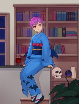 1girl absurdres alternate_costume animal_print bat_print bat_wings blue_kimono blush book bookshelf candle commentary cup darkstalkers drinking_glass frown head_tilt highres indoors japanese_clothes kimono lilith_(darkstalkers) long_sleeves looking_at_viewer night obi plant print_kimono purple_hair red_eyes sash short_hair sitting skull solo table watcher_hollow window wine_glass wings