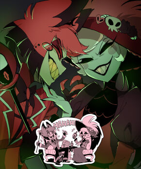 1boy 1girl alastor_(hazbin_hotel) black_pants collared_shirt commentary dress hazbin_hotel hellaverse highres long_dress muchamoe pants pink_shirt red_dress red_hair rosie_(hazbin_hotel) sharp_teeth shirt short_hair symbol-only_commentary teeth white_hair