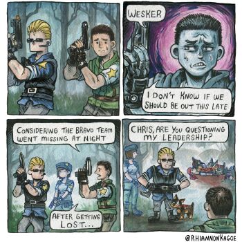 1girl 3boys absurdres albert_wesker artist_name beret black_gloves black_hair blonde_hair blood blue_hat brown_hair chris_redfield commentary dog english_commentary fingerless_gloves forest gloves gun handgun hat highres holding holding_gun holding_weapon jill_valentine multiple_boys nature resident_evil resident_evil_1 rhiannon_kagoe shoulder_pads speech_bubble sunglasses weapon