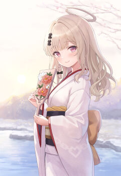 1girl back_bow bow branch brown_bow brown_eyes brown_hair closed_mouth commentary_request day flower from_side hagoita hair_intakes hair_ornament halo highres holding indie_virtual_youtuber japanese_clothes kimono kirifrog long_hair long_sleeves looking_at_viewer looking_to_the_side obi outdoors paddle pink_flower sash smile solo tokusari_kukuri virtual_youtuber water white_flower white_kimono wide_sleeves x_hair_ornament
