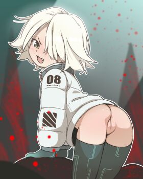 1girl :d absurdres ass eight_(pragmata) fang green_eyes highres jacket leaning_forward loli long_sleeves nude one_eye_covered open_mouth orenjipiiru pragmata puffy_long_sleeves puffy_sleeves short_hair short_shorts shorts smile smug solo white_hair white_jacket white_shorts