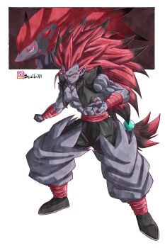 Rule 34 | absurdres, aqua eyes, arm wrap, beatlo (rodrigo38658978), black skin, colored skin, commentary, creature and personification, cropped vest, dragon ball, english commentary, full body, gen 5 pokemon, gradient hair, highres, instagram username, long hair, looking at viewer, multicolored hair, muscular, muscular male, nintendo, open clothes, open vest, personification, pointy ears, pokemon, pokemon (creature), red nails, red sash, sash, sleeveless, spiked hair, toriyama akira (style), vest, zoroark