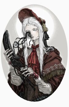 1girl ascot bloodborne body_horror bonnet border breen_(geppert_kristy) brown_capelet capelet cracked_skin doll_joints eldritch_abomination expressionless eyeball fringe_trim grey_background hat high_collar highres holding hunter_(great_one)_(bloodborne) joints long_hair plain_doll red_ascot red_hat round_border tentacles upper_body white_eyes white_hair
