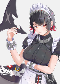 1girl absurdres angry black_dress black_hair breasts closed_mouth colored_inner_hair dress ellen_joe fins fish_tail frilled_wristband hair_ornament hairband highres holding large_breasts looking_at_viewer maid maid_headdress metal_hairband mimei0229 mole mole_on_arm mole_under_eye multicolored_hair razor_blade_hair_ornament red_eyes red_hair red_nails scar scar_on_tail shark_girl shark_tail short_hair short_sleeves simple_background solo spiked_headband tail two-tone_hair white_background zenless_zone_zero