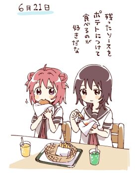2girls ahoge akaza_akari blush_stickers brown_eyes brown_hair brown_sailor_collar burger chair chips_(food) closed_mouth cup double_bun dress eating food french_fries funami_yui hair_bun hashtag-only_commentary highres holding holding_food melon_soda multiple_girls namori nanamori_school_uniform pleated_dress purple_eyes red_dress red_hair sailor_collar school_uniform shirt short_hair short_sleeves simple_background sitting smile summer_uniform table translation_request upper_body white_background white_shirt yuruyuri