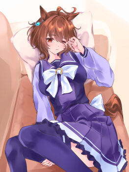 agnes_tachyon_(umamusume) ahoge animal_ears bow bowtie breasts brown_hair chemical_structure closed_mouth ear_ornament earrings hair_between_eyes highres holding_own_leg horse_ears horse_girl horse_tail jewelry medium_breasts pleated_skirt purple_sailor_collar purple_shirt purple_skirt purple_thighhighs red_eyes rubbing_eyes sailor_collar shirt shirt_tucked_in short_hair single_earring skirt sleepy tail thighhighs umamusume user_xkcn4853 waist_bow white_bow white_bowtie wolf_cut zettai_ryouiki