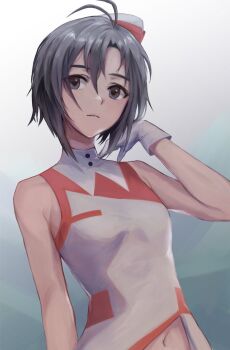 1girl 999999_hd antenna_hair bad_id bad_twitter_id bare_shoulders black_eyes black_hair breasts closed_mouth expressionless garrison_cap gloves gradient_background green_background hair_between_eyes hand_up hat highres idolmaster idolmaster_(classic) kikuchi_makoto looking_afar midriff navel red_hat red_shirt shirt short_hair sleeveless sleeveless_shirt small_breasts solo two-tone_shirt upper_body voy@ger_(idolmaster) white_background white_gloves white_hat white_shirt